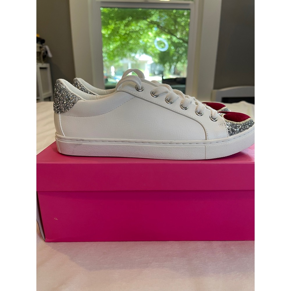 Betsey Johnson Blair White Multi Heart Glitter Sneakers‎ Womens 7M